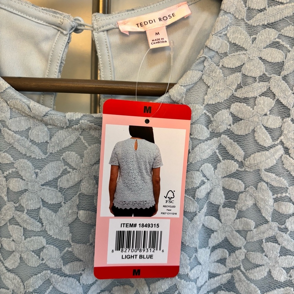 NWT Costco Teddi Rose Blue Floral Tshirt Blue Size Medium Office Church Event - Picture 9 of 13